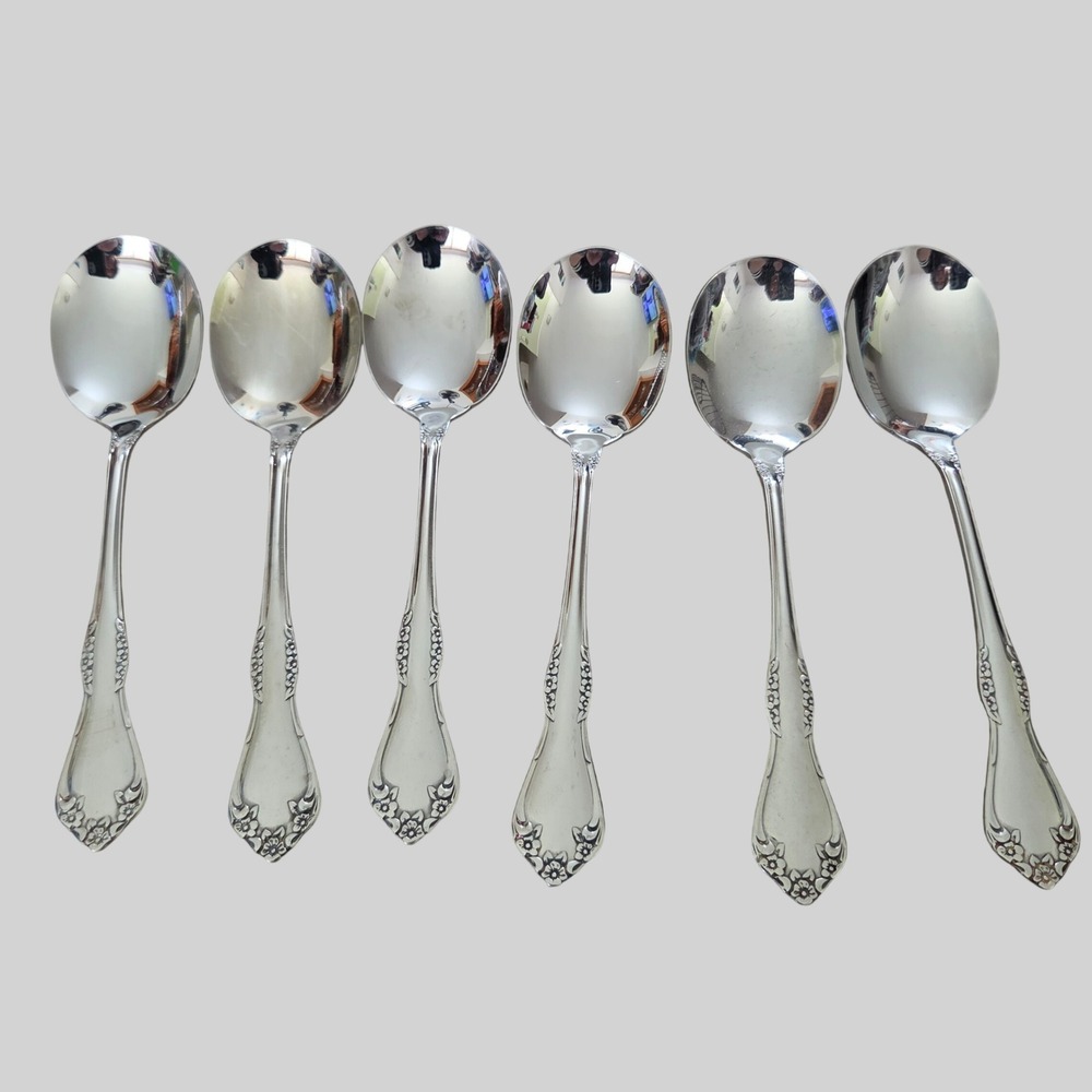 Oneida Mansfield Stainless Teaspoons Set of 6 Floral Glossy Wm A Rogers 6in VTG